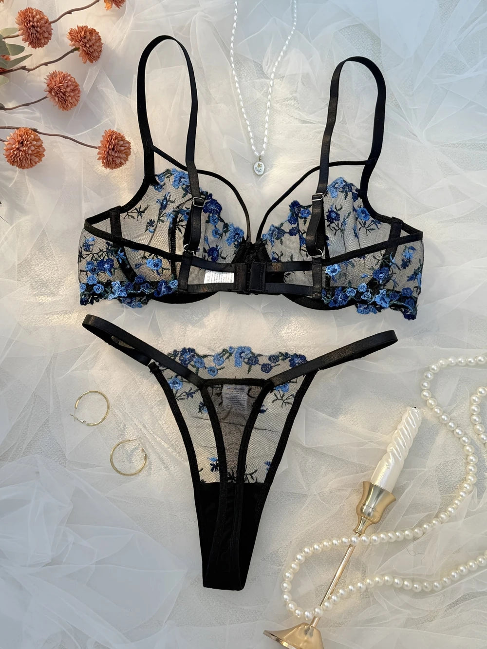 Blommig Broderad Underklädesset